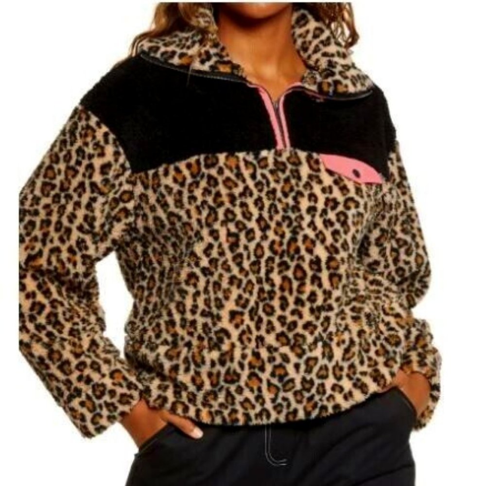 NWT BP Leopard Neon Colorblock Half Zip Pullover Teddy Sherpa Jacket M
